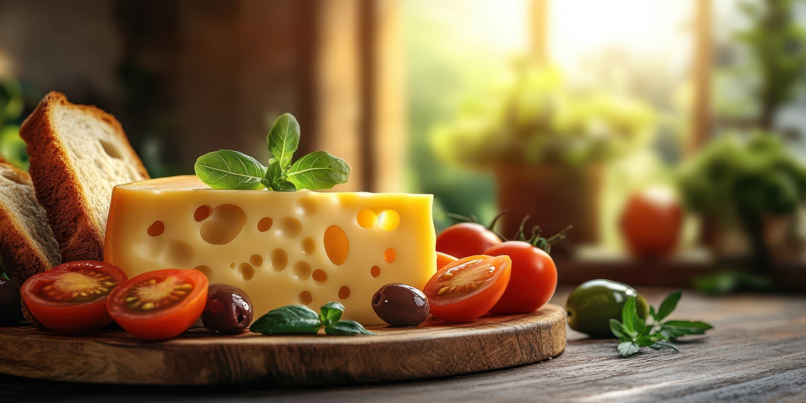 Delicious cheese with fresh tomatoes, bread, and olives on a wooden table in a cozy kitchen during golden hour